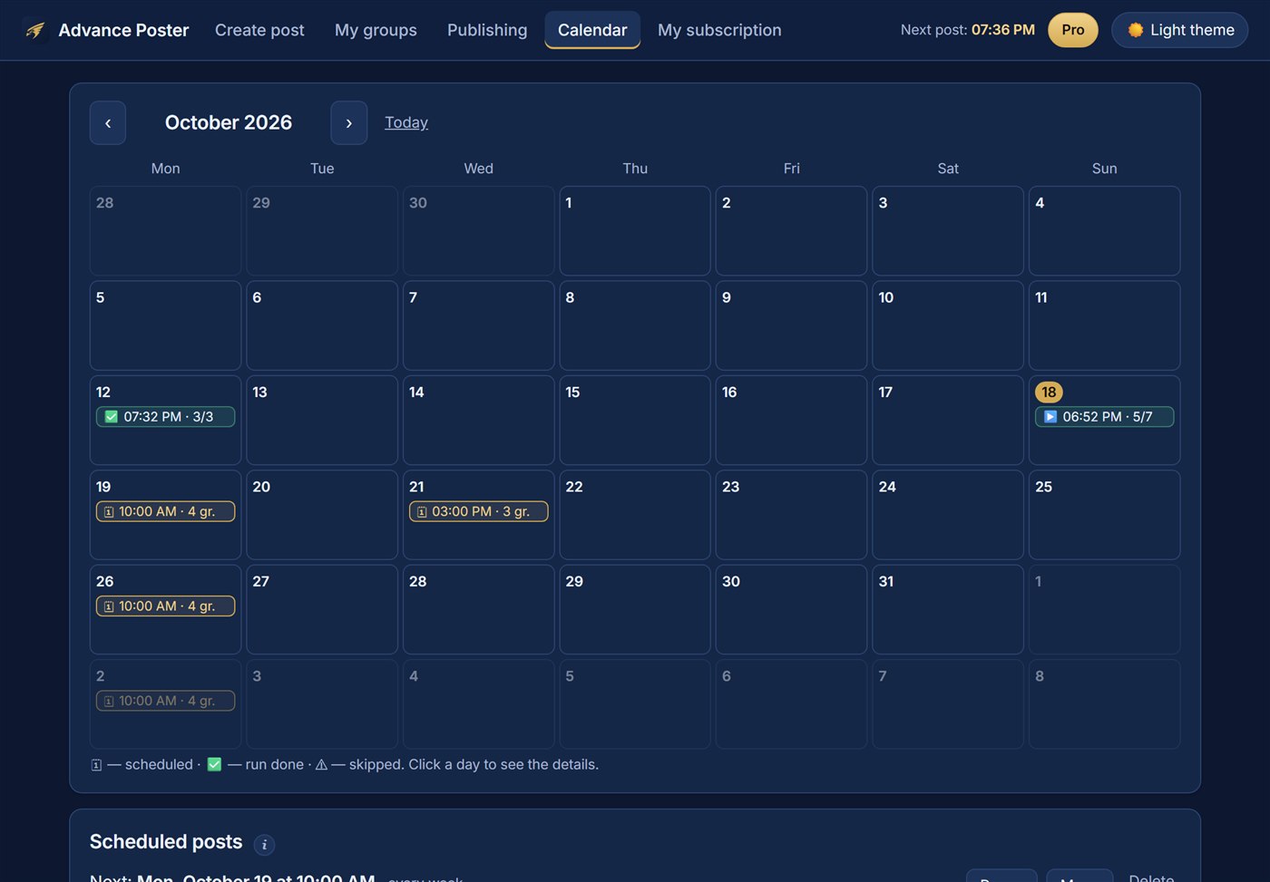 The calendar: past and scheduled posting runs by day