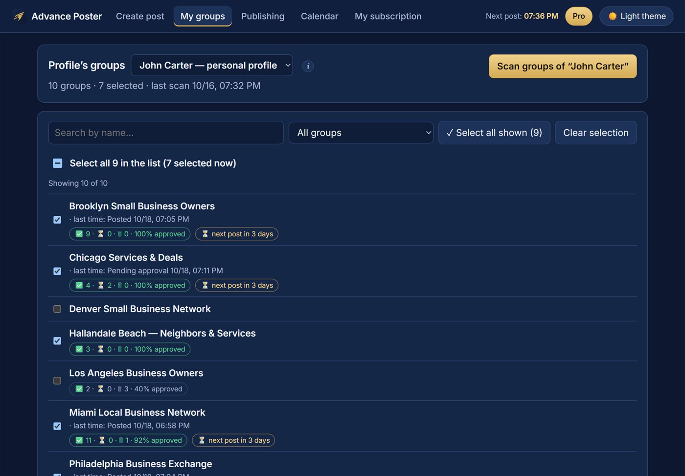 The “My groups” tab: each group shows the share of approved posts; blocked groups